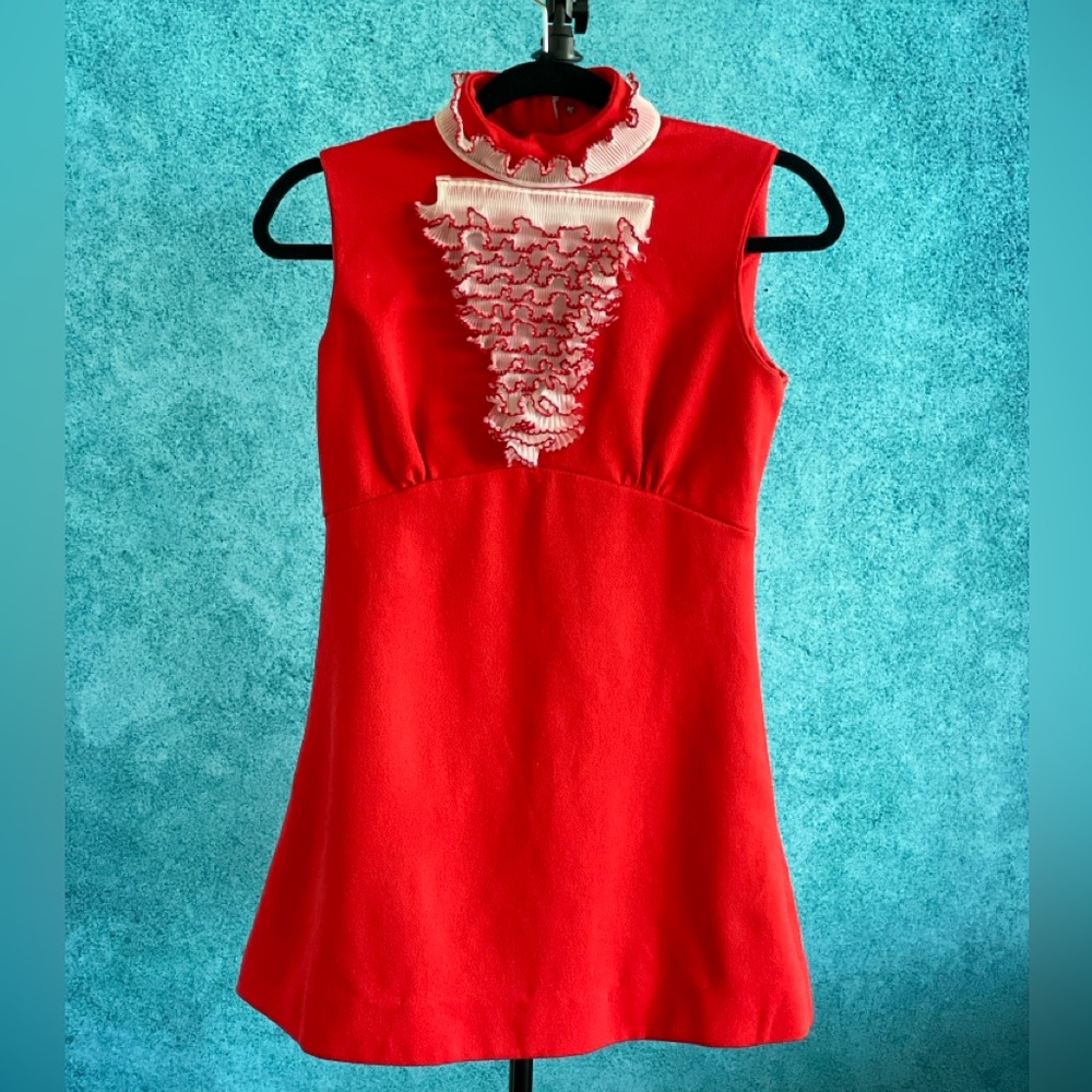 OBO Vintage 1960s Mini Red Sleeveless Dress with Ruffle Detail